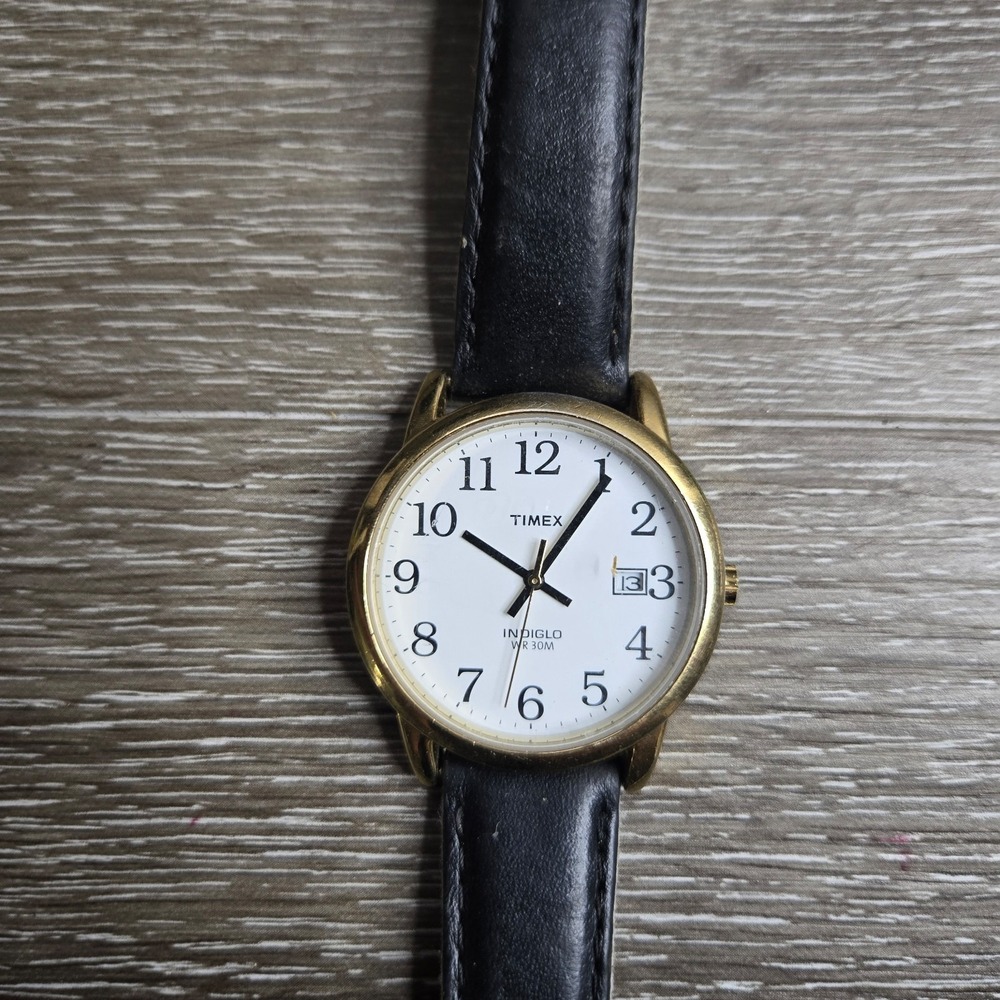Timex Indiglo Men's Watch Gold Tone Watch White Dial Arabic Numerals Date WR 30M